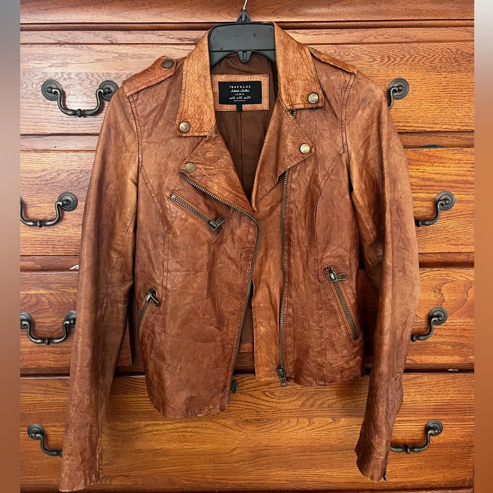 Zara tan leather biker jacket